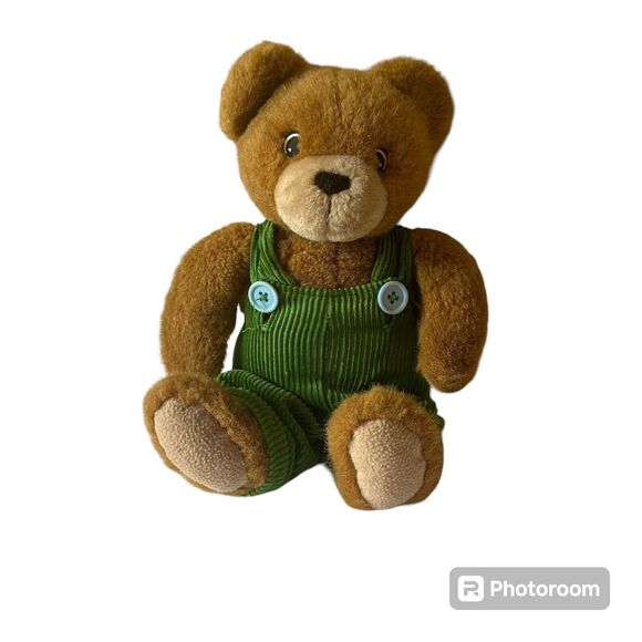 Yottoy Corduroy Bear Brown with Green Overalls Plush Sewn Eyes Bean Bag 12" - Picture 1 of 4